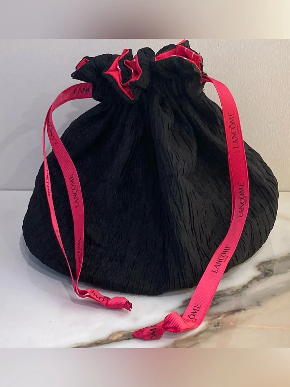 Lancome Black Drawstring Cosmetic Pouch with Pink Ribbon Brand New